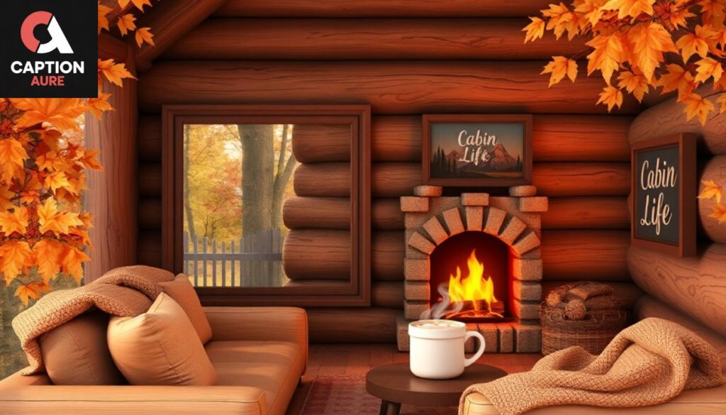Aesthetic Autumn Fall Captions for Instagram featuring a cozy cottage and golden leaves